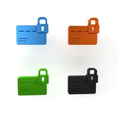 Colorful Credit card with lock icon isolated on white background. Locked bank card. Security, safety, protection. Concept of a safe payment. Minimalism concept. 3D render illustration