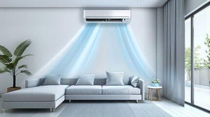 Air conditioner blowing cold air in the bright living room