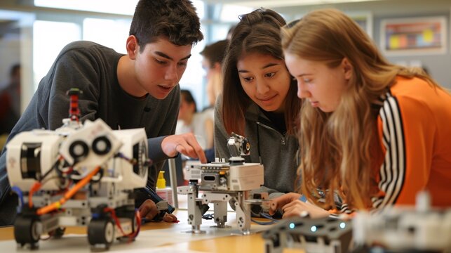 Students Collaborating on Robotics Project in Classroom