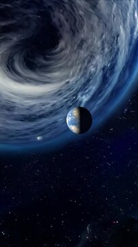 In the vast expanse of space, there is a beautiful blue spiral galaxy adorned with several planets orbiting around it. Beyond, other galaxies dot the cosmos, each with their own stars and planets orbi