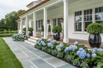 High-end photo of front porch and yard at an elegant coastal Cape Cod home, featuring Greenbriar design, copper accents, New England landscaping, hydrangeas, and white oak flooring.