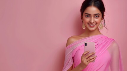 Beautiful indian woman in pink sari, smiling and holding pink smartphone