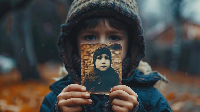 A child holding a photograph of a missing loved one