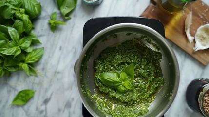 Obraz premium Chopping basil leaves with a food processor to make pesto sauce
