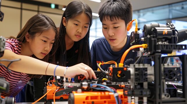 Young Engineers Collaborating on a Robotics Project in Classroom
