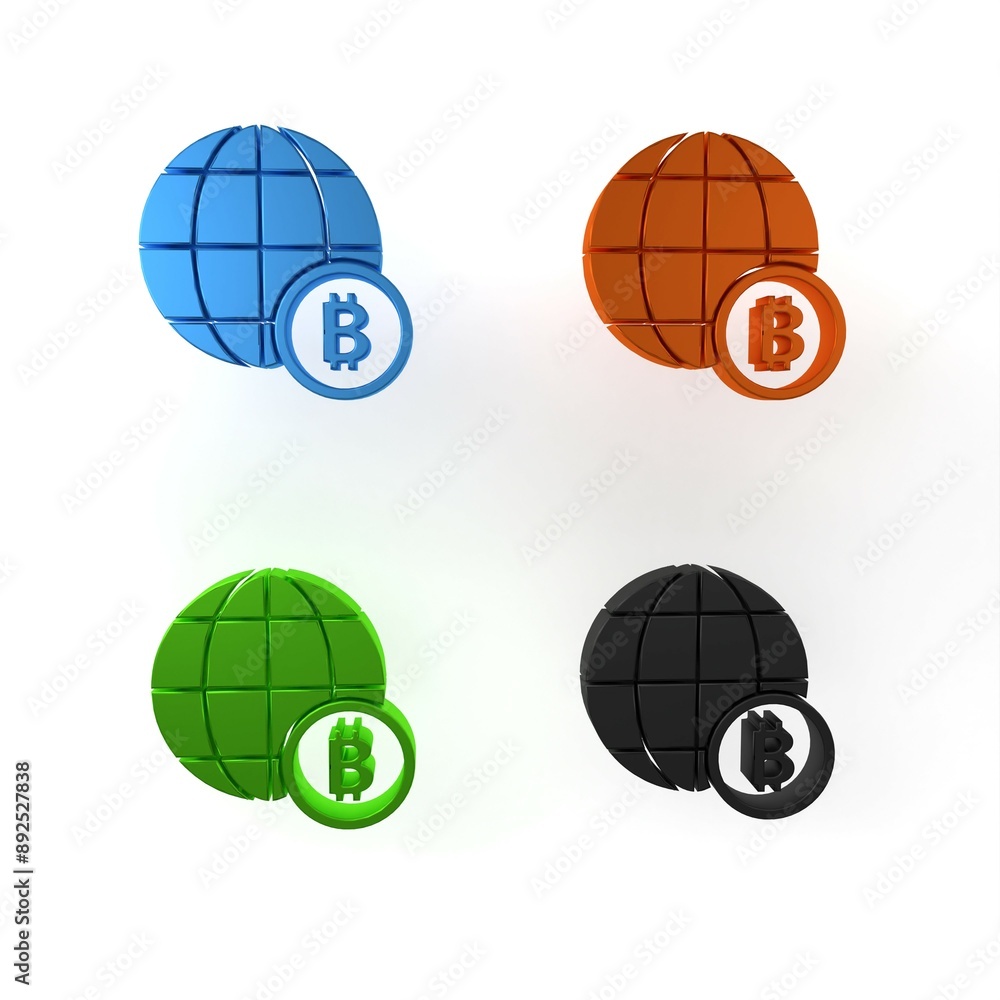 Aufkleber colorful globe and cryptocurrency coin bitcoin icon isolated on white background. physical bit coin.