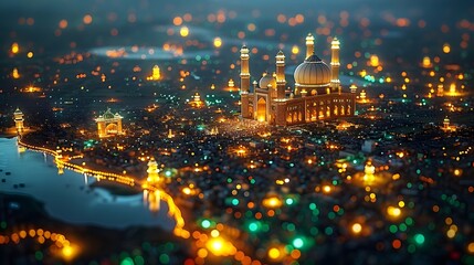 Fototapeta premium Illuminated Cityscape with Majestic Mosque at Twilight