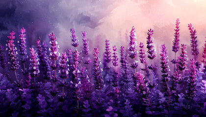 Naklejka premium A captivating field of vibrant purple flowers under a mystical sky, showcasing nature's beauty and tranquility.