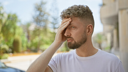 A young caucasian man with blue eyes and a beard, expressing headache pain, stands outdoors on a city street.