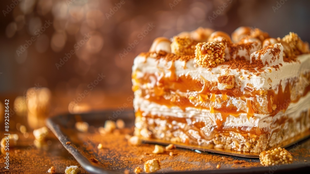 Fototapete playful candy bar cake with layers of nougat and caramel on a bright bronze background, fun and invi