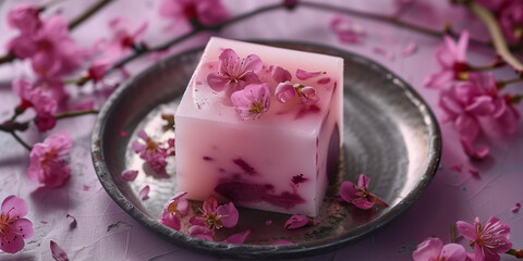 Solidified wax block with embedded flower pieces, positioned on metal candle plate