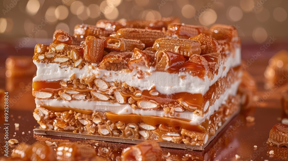 Fototapete playful candy bar cake with layers of nougat and caramel on a bright bronze background, fun and invi