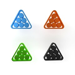 Colorful Billiard balls in a rack triangle icon isolated on white background. Minimalism concept. 3D render illustration