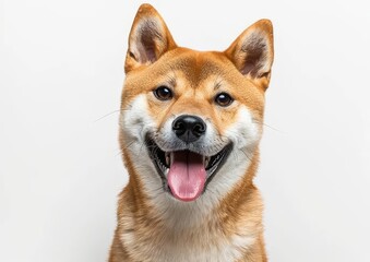 A cute Shiba Inu dog sticks out his tongue and smiles on a white background.