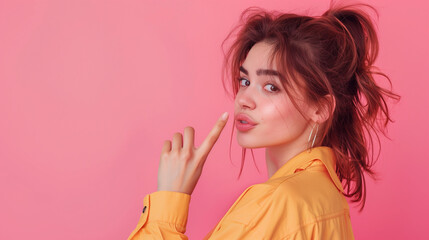 Fototapeta premium Portrait of a beautiful woman pointing her fingers isolated on a pastel background.