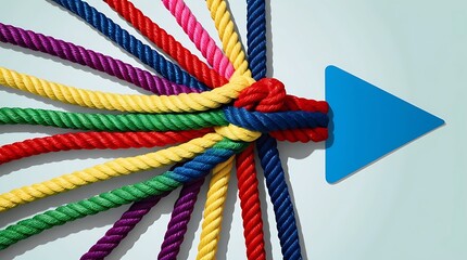 a direction arrow formed by a collection of vibrant strands coming together. Concept of teamwork