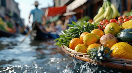 Brightly colored boats filled with various tropical fruits like oranges, bananas, and pineapples float through a busy canal, depicting the lively atmosphere of a floating market.