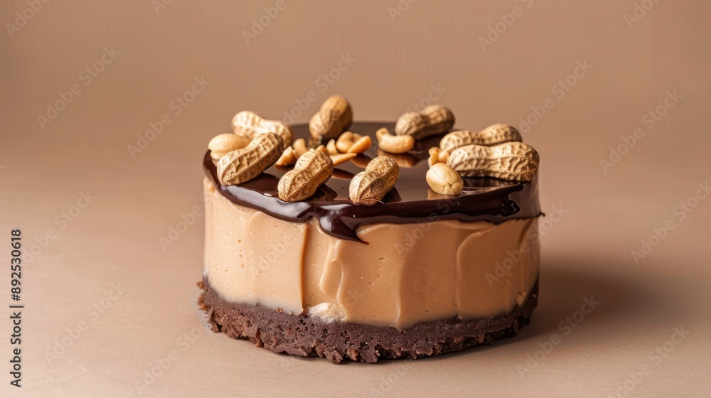 Fototapete playful chocolate and peanut butter cake with peanut topping on a light brown background, fun and in