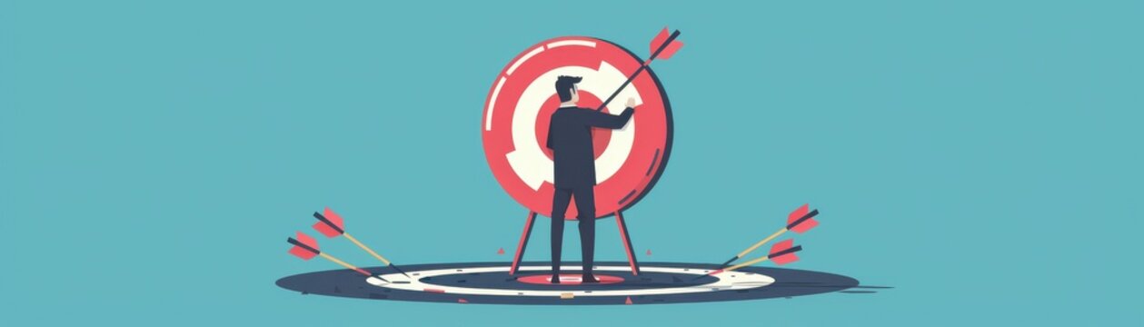 Illustration of a person aiming at a large target with arrows, symbolizing focus, determination, and striving for success.