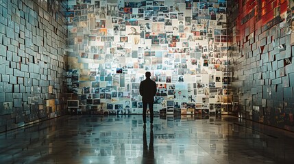 A lone figure standing in front of a memorial wall covered in photos