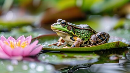 Obraz premium A green frog sits gracefully on a lily pad with a pink lotus flower blooming alongside, a picturesque glimpse into serene aquatic ecosystem and flora.