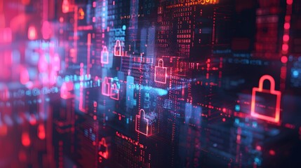 An abstract illustration representing the concept of cybersecurity, with digital locks, shields, and encryption codes, highlighting the importance of protecting data and digital privacy.