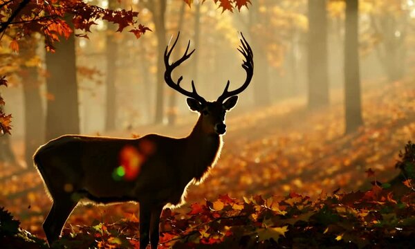 Autumn deer silhouette in a forest with antlers, vector illustration of a stag in a woodland setting