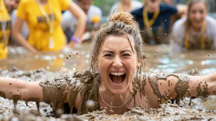 A woman enthusiastically dives into a muddy obstacle race course, surrounded by other participants, showcasing excitement and adventure at the outdoor event.