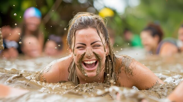 A woman covered in mud laughing heartily as she participates in a lively race event, highlighting her joy and the spirited nature of the outdoor challenges.
