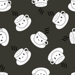 Seamless pattern with cute cups on a gray background. Tea or coffee pattern