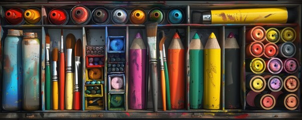 Colorful art supplies organized in a box including pencils, brushes, paint tubes and markers, perfect for any artist's collection.