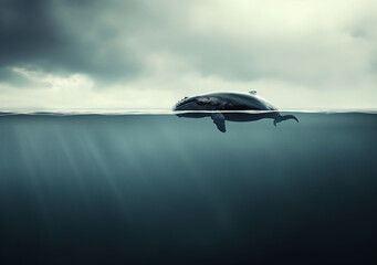 Naklejka premium A whale swims just below the surface of a vast, calm ocean under a cloudy sky. 