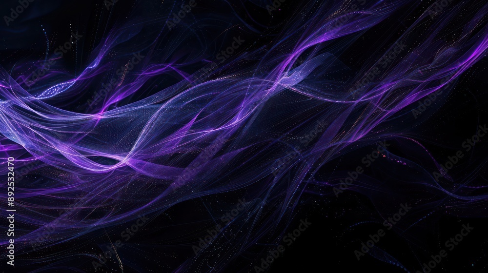 Fototapete luminous violet and indigo threads weaving through a black canvas, creating a mystical aura with tex