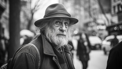 An elderly man with a beard, wearing a hat and coat, looks directly at the camera while standing in a busy urban street.
