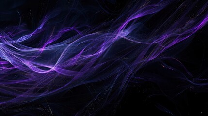 Luminous violet and indigo threads weaving through a black canvas, creating a mystical aura with text space