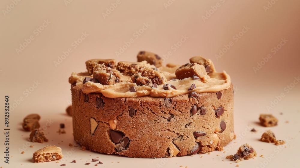 Fototapete playful cookie dough cake with chunks of cookie on a soft tan background, fun and inviting for playful text