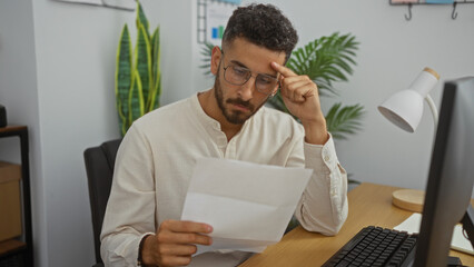 Young hispanic man working in an office reads a document while deep in thought, seated at a desk with plants and a computer, under moderate interior lighting.