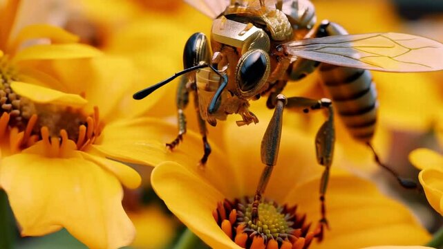 Robot bee collects nectar from flowers. 