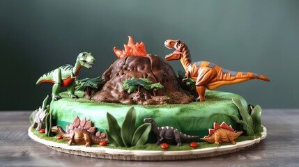 playful dinosaur-themed cake with edible volcano and dinosaur figures on a jungle green background, fun and perfect for adventurous text