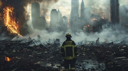 A lone firefighter standing amidst the ruins, looking on with resolve