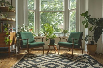Fototapeta premium Mid-Century Modern living room with two green armchairs, black and white rug, large bay window overlooking trees in London, wooden furniture, parquet flooring, and white walls.