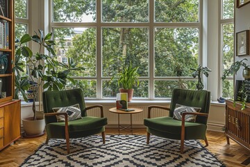 Fototapeta premium Mid-Century Modern living room with two green armchairs, black and white rug, large bay window overlooking trees in London, wooden furniture, parquet flooring, and white walls.