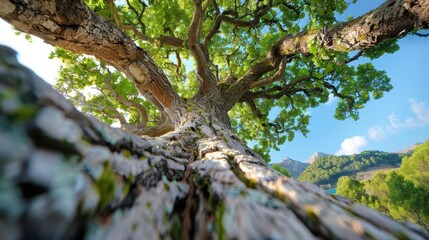 An expansive oak tree with wide-spanning branches is captured from below against a bright sunny sky, symbolizing strength, resilience, and the perennial beauty of nature.