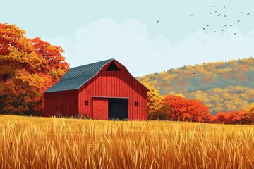 Obraz premium Red Barn in Autumn Field