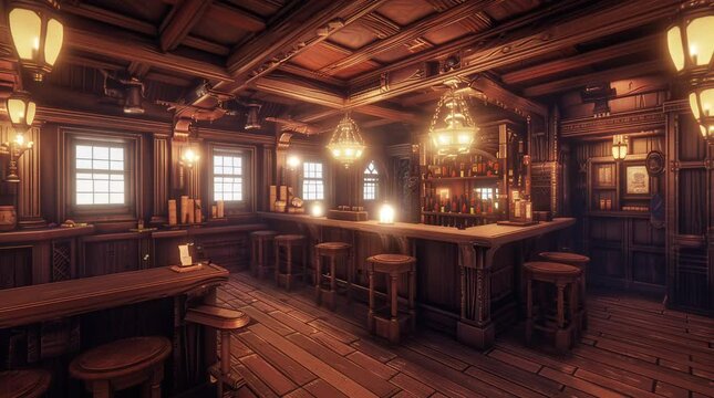 Glowing medieval caf&eacute; bar at night, creating a warm and enchanting atmosphere with vintage decor, ambient lighting, and historic cha Seamless looping 4k time-lapse virtual video animation Generated AI