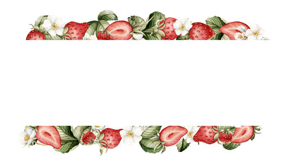 Strawberry, berries with white flowers and leaves, watercolor isolated food illustration. Horizontal frame for cards