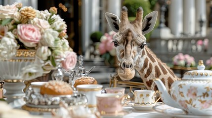 Fototapeta premium A giraffe curiously exploring an ornate tea table adorned with elegant dishes, set in a beautifully decorated space, merging wildlife with sophisticated human activities.