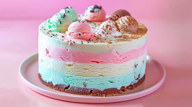 playful ice cream cake with layers of different flavors on a pastel background, fun and inviting for celebratory text