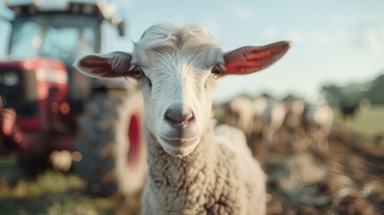 Obraz premium A close-up image of a sheep with soft wool and expressive eyes standing in front of a blurred background of a red tractor and a flock of sheep in a sunny farm setting.