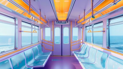 Fototapeta premium An advertising poster featuring an empty subway carriage with blue seats and orange armrests, capturing the city's light yellow walls and white ceiling. To used as promotional material 